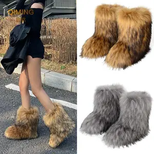 Women Faux   Winter Fluffy Plush Warm Mid Calf Snow  Luxury Fashion Furry  Comfortable Outdoor Flat Shoes fur boots Girl Black Footwear Rubber Soft Tactical cowboy boots fur boots