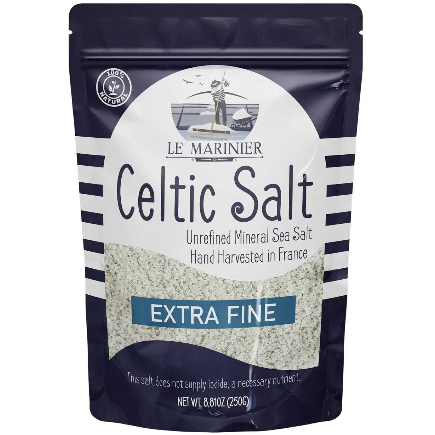 Le Marinier French Sea Salt Extra Fine 8.81oz Mineral-Rich Unrefined Sea Salt 100% Natural Hand Harvested Mineral Light Grey Electrolyte Low Sodium