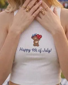 [Made in US] Happy 4th of July Teddy Bear Embroidered Tank Top, Patriotic Bear Ribbed Crop Top, Summer USA Anniversary Gift, Teddy Bear July 4th Shirt