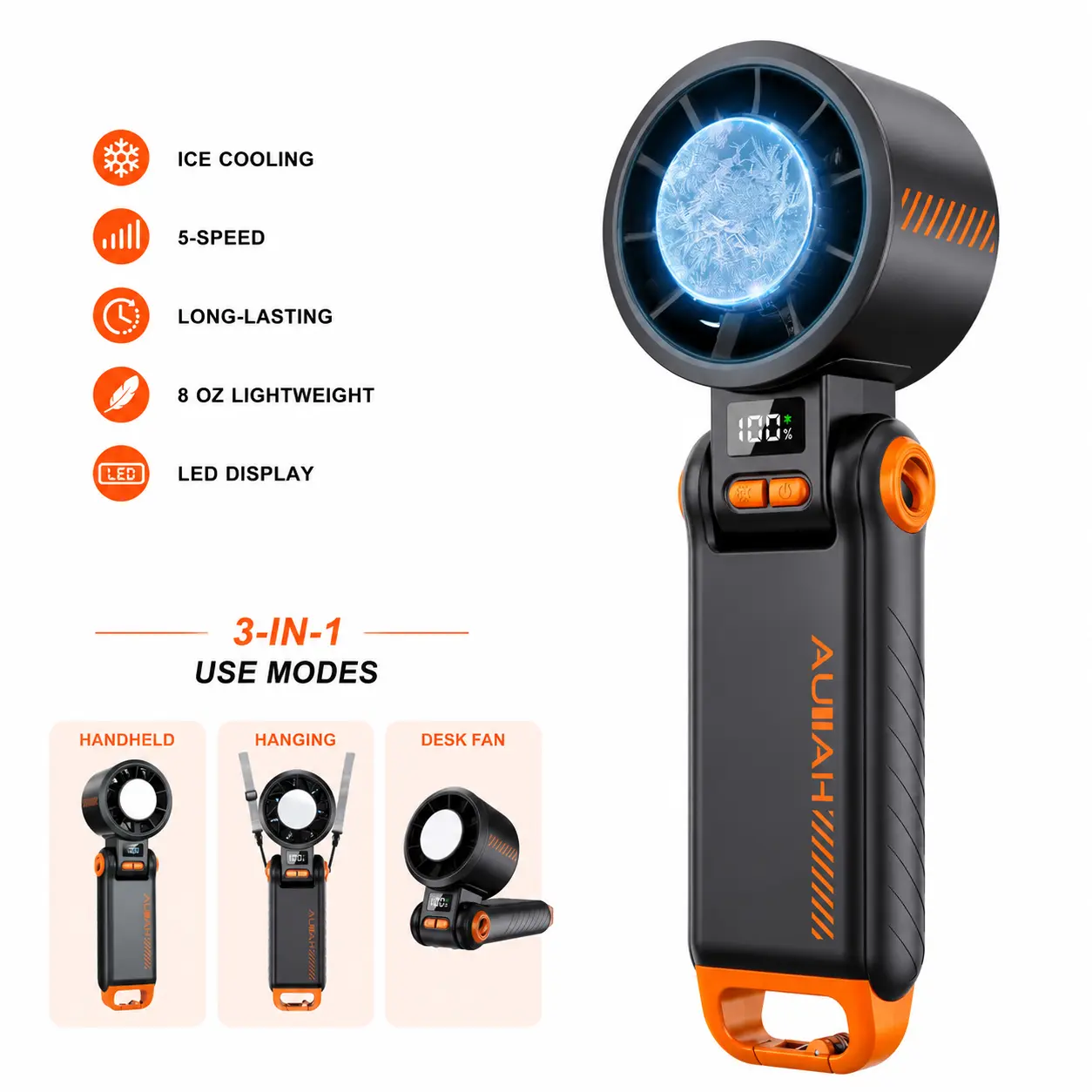 Portable Handheld Fan with Ice Cooling Pad, 5 Speeds & LED Display, Powerful Brushless Motor, 3600mAh Rechargeable Mini Fan for Travel Outdoor Office Portable Personal Fan Personal Pocket Fan
