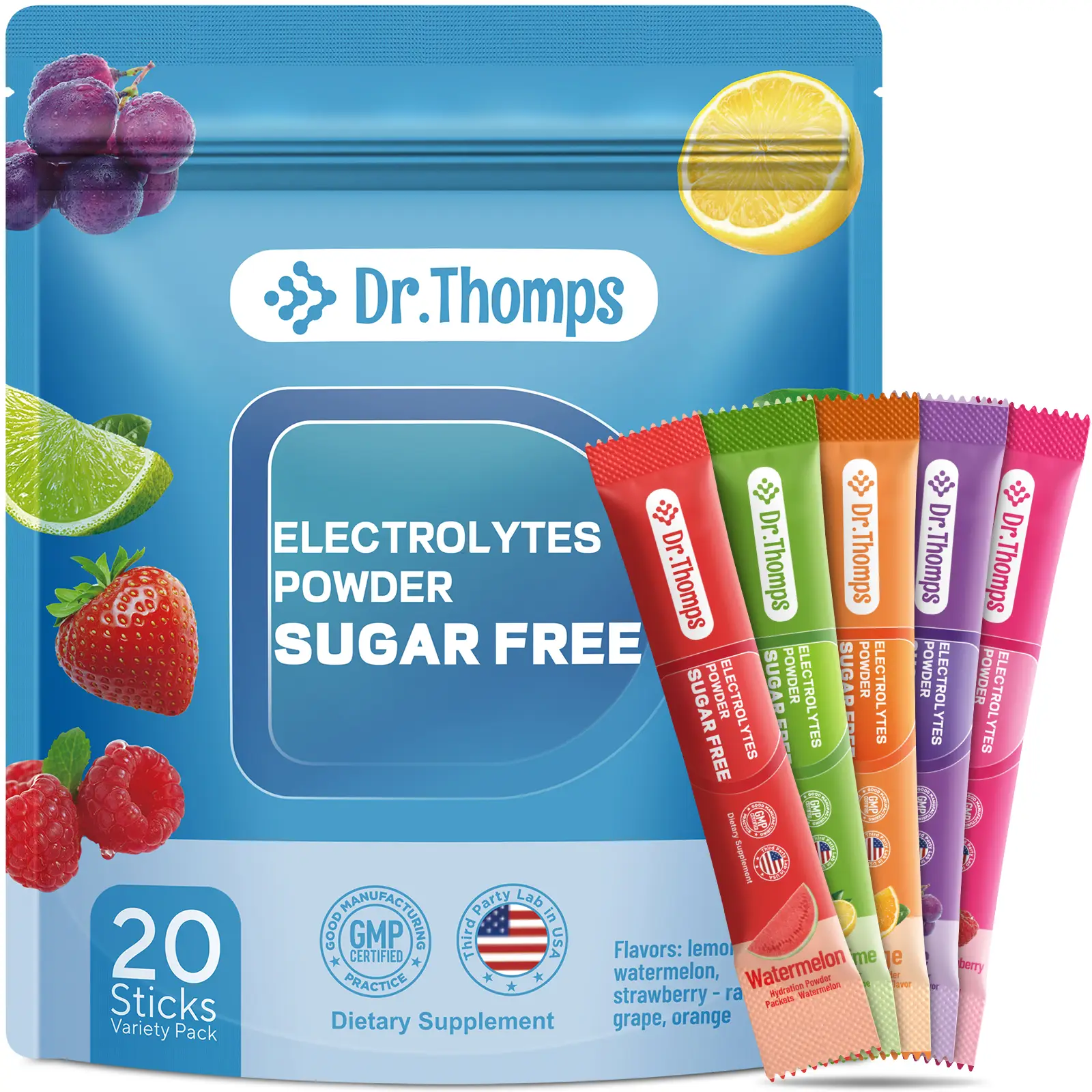 Dr. Thomps Electrolyte Powder Packets, 20-Count Sugar-Free Hydration Packets for Rapid Rehydration, Electrolyte Drink Mix, Travel-Friendly Electrolyte
