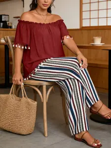 Women's Plus Size One Shoulder Fringe Short Sleeve Top, Color Block Striped Wide Leg Pants, Summer Vacation Casual Style Two Piece Set Womenswear