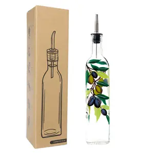 17oz Hand Painted Glass Olive Oil Bottle Dispenser - 500ml Green Oil & Vinegar Cruet with Pourers - Olive Oil Carafe Decanter for Kitchen