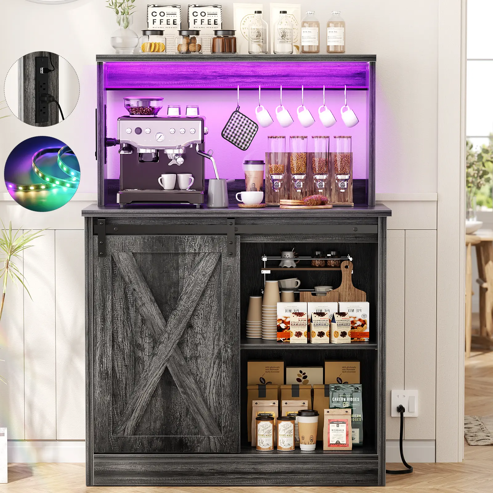 Homieasy Farmhouse Coffee Bar Cabinet, Home Bar Table with Charging Station & Led Lights, Wine Bar Cabinet for for Dining Room, Charming Buffet Cabinet with Hutch for Kitchen, Living Room Sideboard With Storage