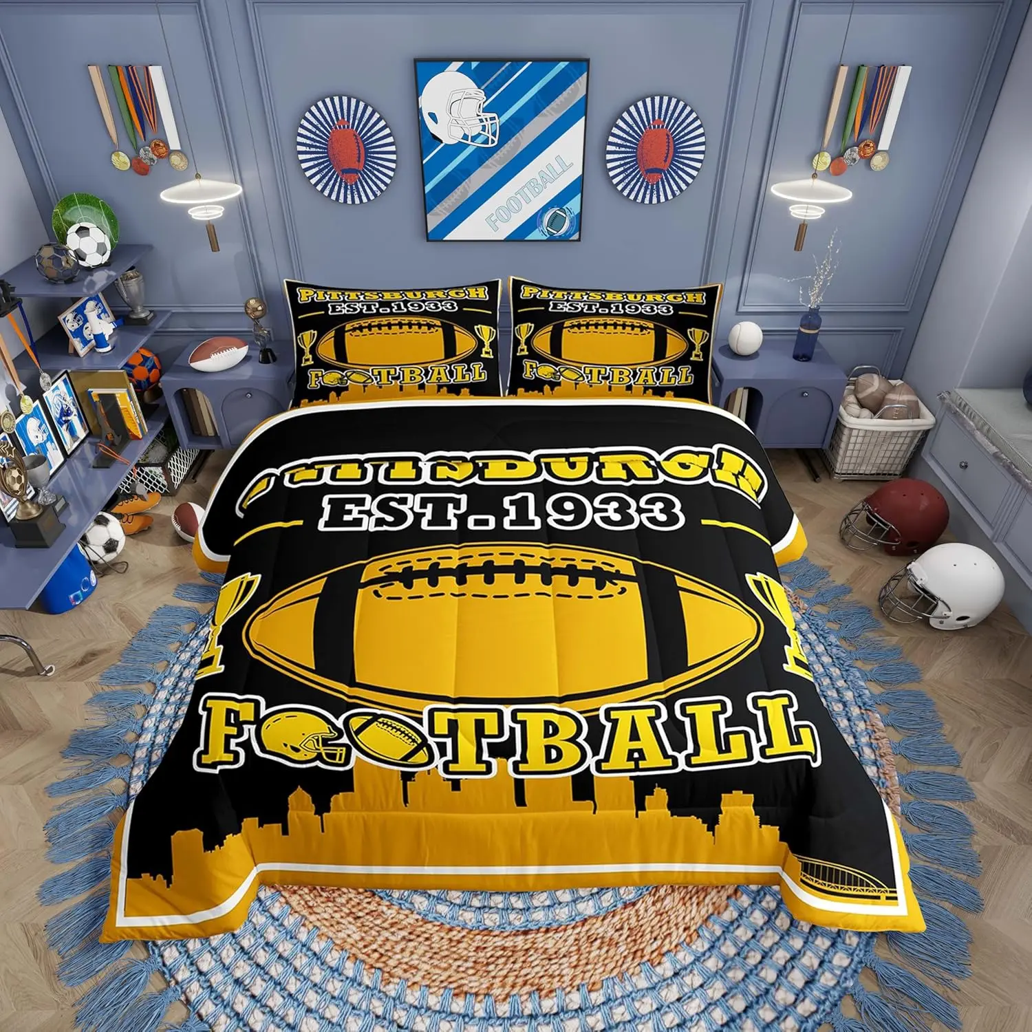 Feelyou Sports-Themed Yellow Black Pittsburgh American Football Print Bedding Set - Breathable Microfibre All-Seasons Comforter with Duvet Insert, Machine Washable Travel-Friendly Queen Size Bed Cover Set for Fans (Multi-Size Options)