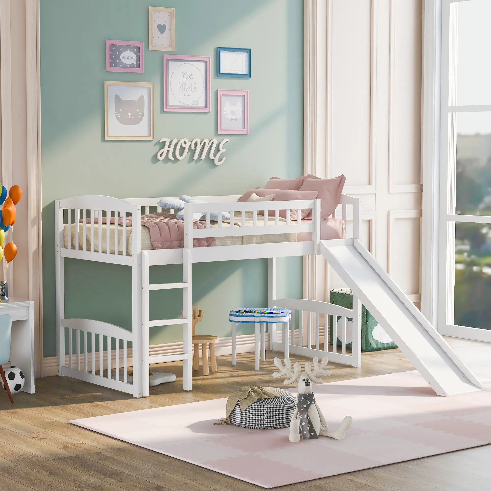 Dreamzon Modern Minimalist Decluttering Twin Loft Bed - Wood Frame, Commercial Grade MDF, Slide Incl., Ladder, Durable Solidly Attached Guardrails, 78L x 41.5W x 48.8H, 250lbs Cap., 99lbs Wt., Clean Lines, Assembly Required, White (OLD SKU: LT000504AAK)