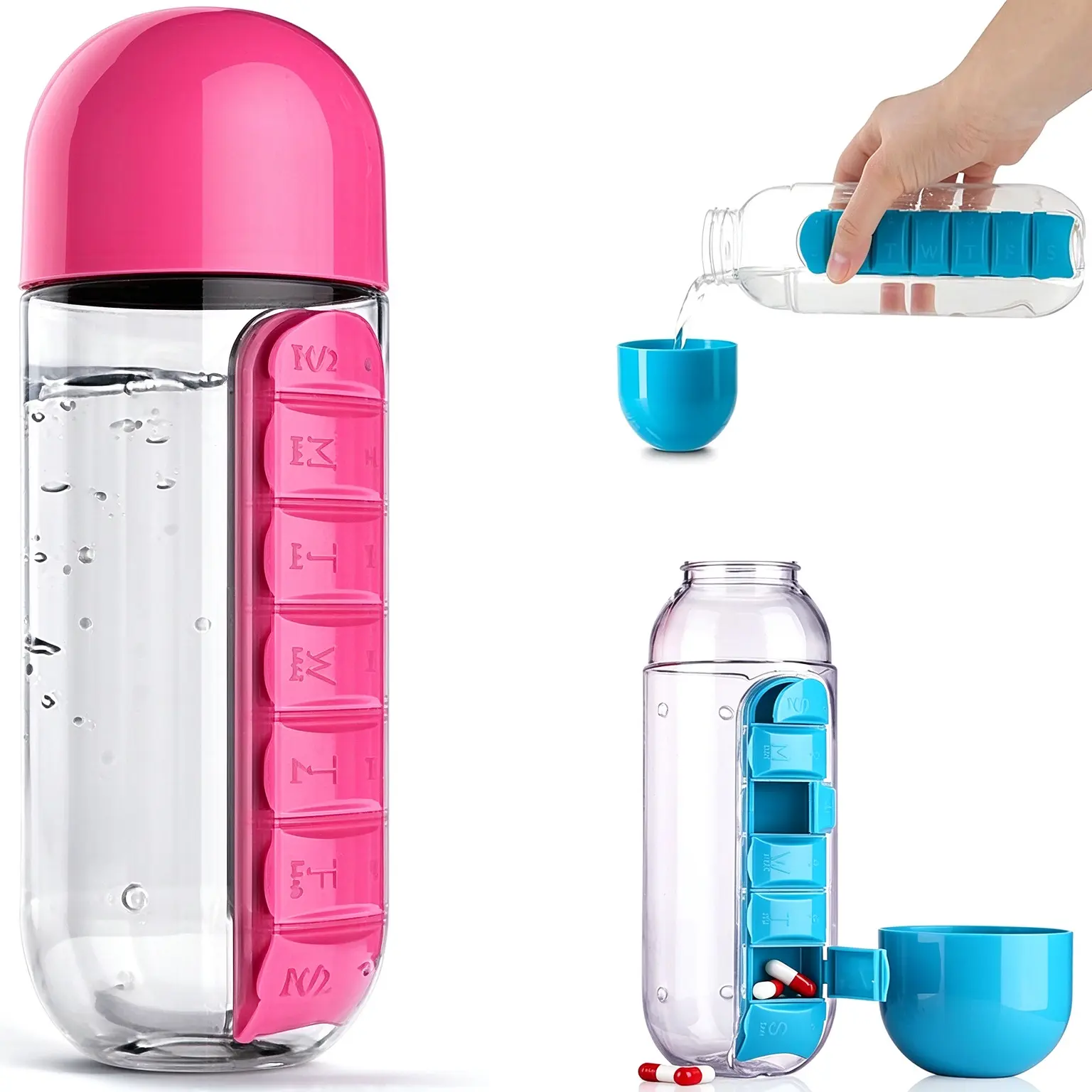 Leakproof Lightweight Washable 600ml Tumbler Cup, Portable Water Bottle with 7-Day Vitamin Storage Compartment for Travel, Gym