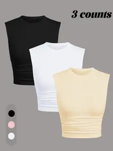 Women's Summer Slim-Fit Casual T-Shirt Set Short Sleeve High Waist Ruched Design, Sports Breathable Outfits, Perfect for Yoga & Cycling, Three-Piece
