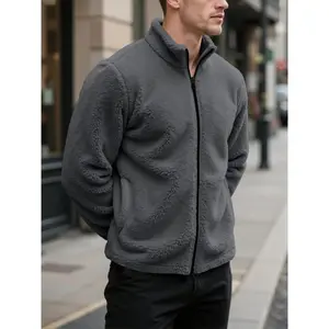 Men's Polar Fleece Jacket with Stand Collar, Slim Fit Elastic Technology, Bubble Sherpa Lining, Minimalist Embroidery & Hidden Zip Pocket, Coats
