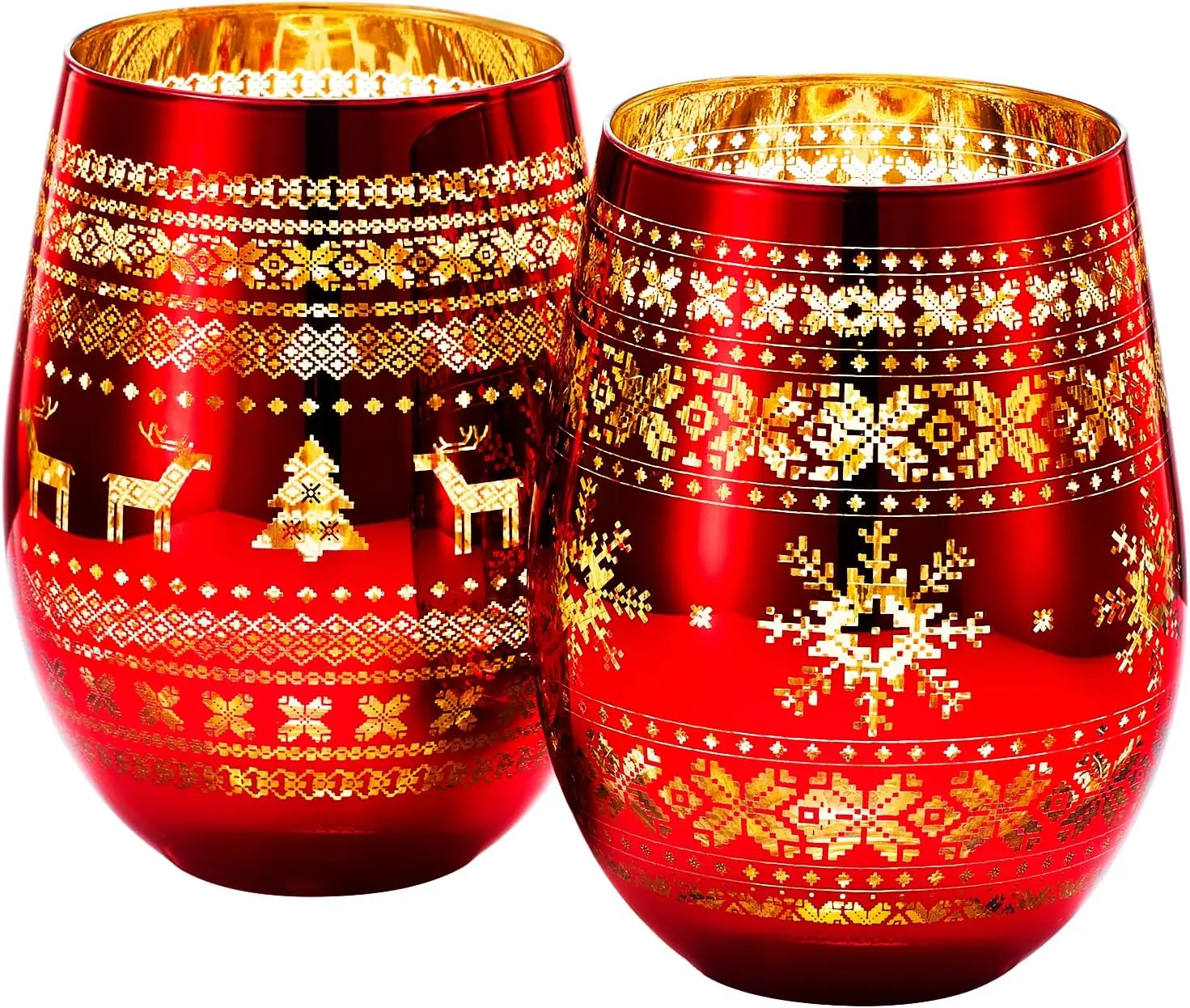 Crystal Christmas Winter Tree Wine & Water Glasses - 2 Set - Themed Red & Gold Etched Winter Snow Wonderland Frosted Glass, Perfect Seasonal Parties, Gifts Him & Her Trees Decor, Stemless Trees Glass