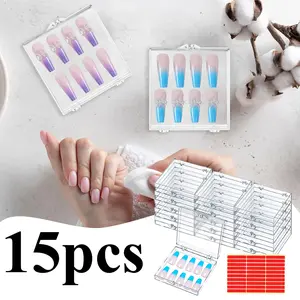 15pcs Transparent Nail Art Display Box with Lid | 3D Display Case for Press-On Nails, Clear Storage Solution, Includes 30 Double-Sided Tape Strips for Salon or Home Use