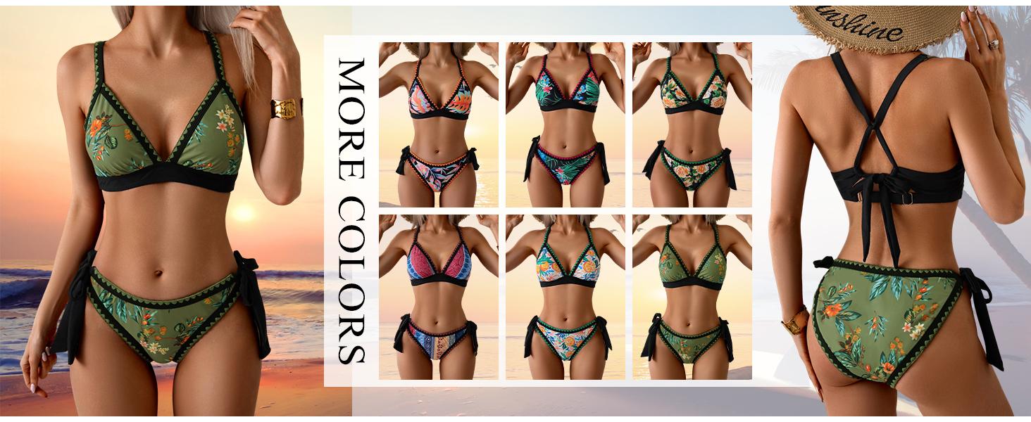 Aidonger bikini Sets for Women Floral Two Piece Bathing Suit V Neck Shell Stitched Swimsuit Tie Side Triangle Swimwear
