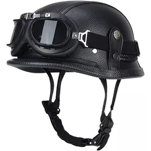 German Style Motorcycle Helmet, Retro Leather Motorcycle Half Helmet Skull Cap for Adult Men Women, Vintage Open Face Half Shell Helmet for Cruiser
