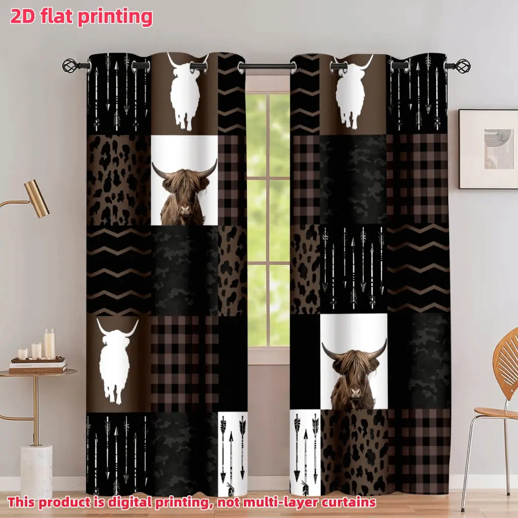 2D Flat 2Pcs Highland Cow Print Curtain Panel, Rustic Farmhouse Style, Black and Brown Plaid Leopard, Semi Sunshade Polyester Fiber, Suitable for Home Living Room, Bedroom, Balcony, Kitchen, Study Shower Window Decoration, Home Decorative Curtain, A