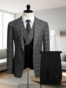 Wedding Men's Suit Plaid 3pcs Set Jacket + Vest + Pants, business, Casual Suits