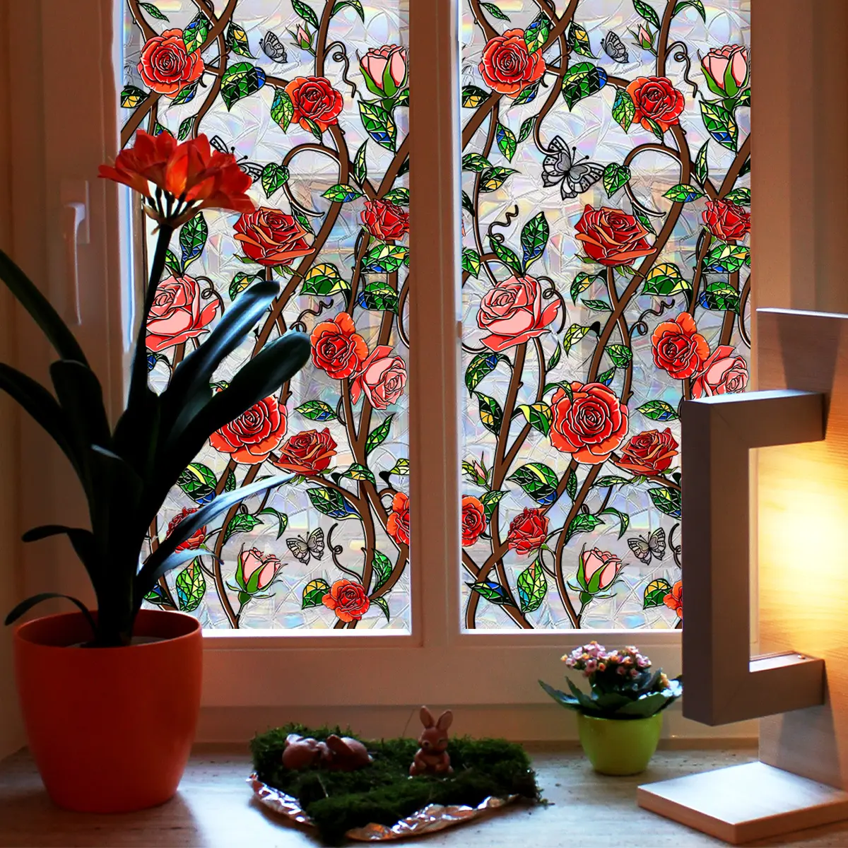 A 2D flat window sticker with a colorful rose vine pattern, Floral Pattern Sticker, Decorative Stickers, size 45*100cm, for window decoration, Home Decor, electrostatic glass sticker, XC2017-KQ