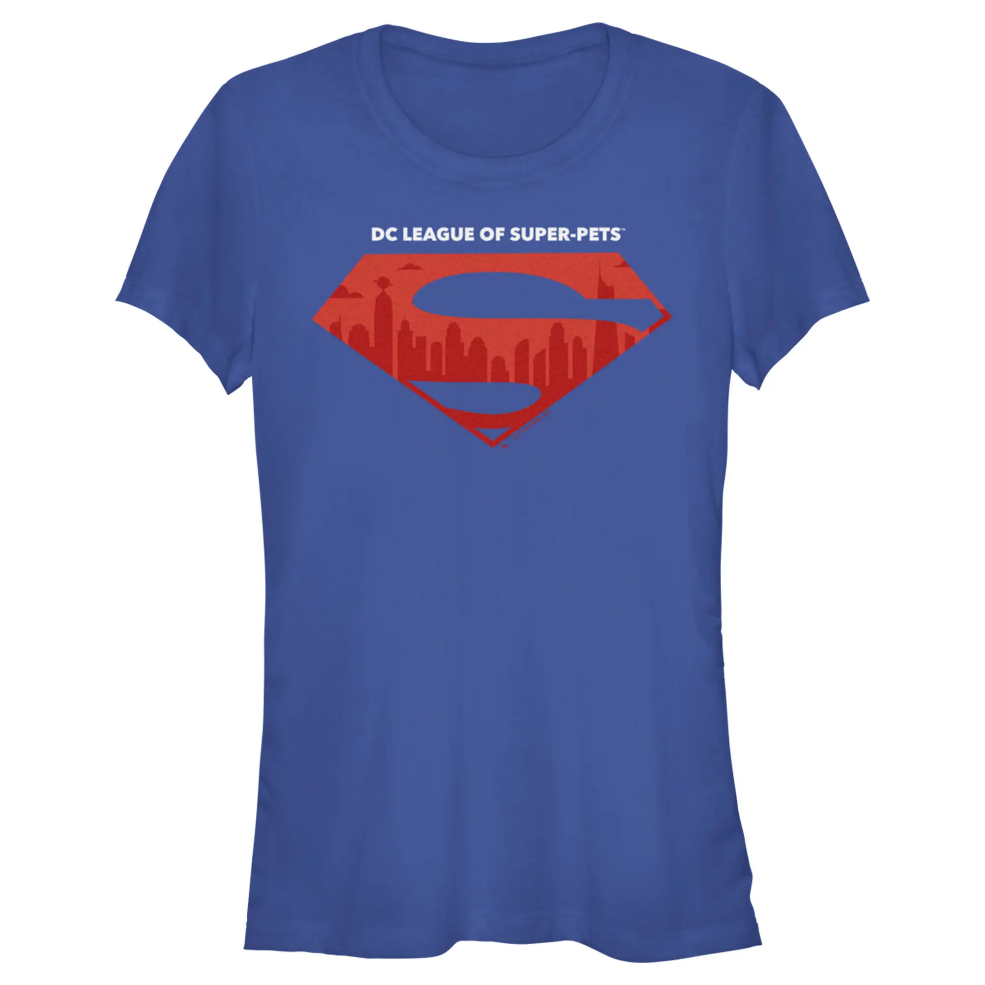 Juniors Womens DC League of Super-Pets Skyline Superman Crest T-Shirt