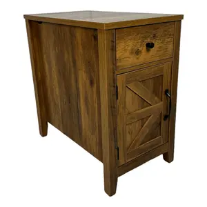 Blovely Well Farmhouse End Table Bedside Table with Charging Station,Night Stand with Barn Door and Drawer, Storage for Bedroom Living Room ,Bedside Table,  Brown color
