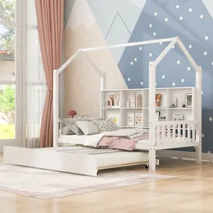 [Bellemave]Wooden Twin Size House Bed with Trundle,Kids Bed with Shelf, White (Old SKU: WF297071AAK)