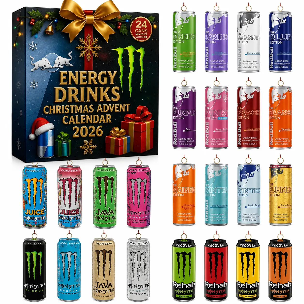 Energy Drinks Christmas Advent Calendar 2026 | 24 Days 2D Flat Acrylic Christmas Tree Ornaments | Fun Holiday Gift for Teens & Gamers