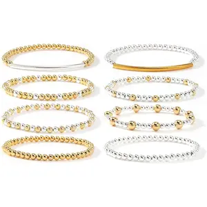 Christian Gold Cross Stackable Ball Beaded Bracelets Set for Women, Thin Romantic Silver Cross Handmade Dainty Stretch Accessories Jewelry, Daily Vacation Friendship Gift