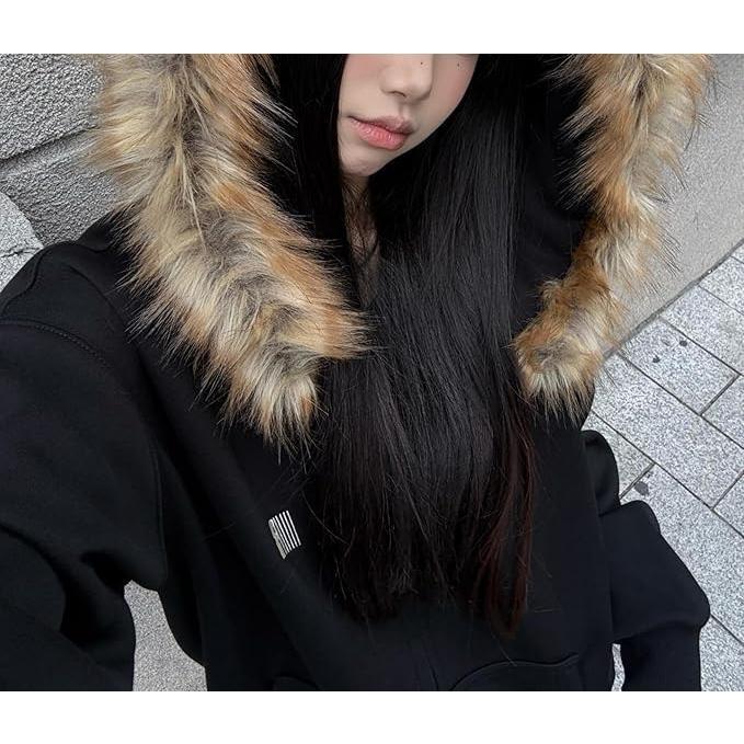 Grunge Fur Hood Zip Up Hoodie Women Teen Girls Y2k Emo Goth 2000s Sweatshirts Cute Fall Winter Crop Coats