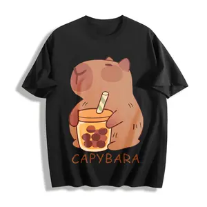 Women's Capybara Print T-Shirt - Cute Capybara & Capybara Tea Design, Soft Short Sleeve Round Neck Casual Top, All-Season Fit S-XXL (Animal-Themed Outfit for Capybara Lovers)