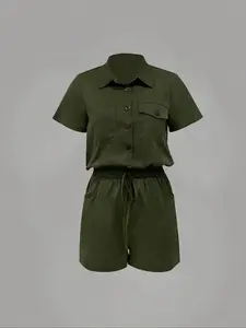 Women's Solid Pocket Button Front Romper, Button Down Rompers, Casual Fitted Short Sleeve Collared Romper for Daily Wear, Ladies Clothes for All Seasons, Everyday Womenswear