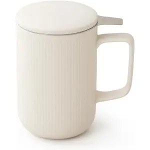 WENSHUO Ceramic Tea Infuser Cup with Stainless Steel Brewing Basket and Lid, Perfect for Steeping Floral Teas, Large Capacity, 20oz, Matte Crème