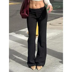 Women’s striped print pocket flare leg pants, casual comfortable drop-waist bell-bottom trousers for summer, ladies bottoms for daily wear
