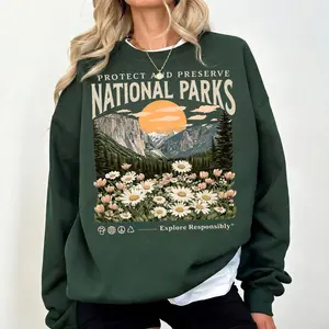 National Parks Vintage Sweatshirt – Protect Our Parks Graphic Crewneck – Hiking Nature Lover Pullover – Unisex Casual Cotton Sweater Gift