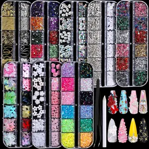 8 Boxes Nail Charms Kit with Y2K Rhinestones & 3D Nail Charms, Flatback Gems and Pearls for Nail Art DIY