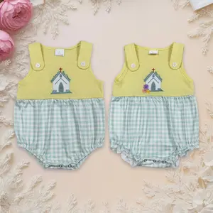 Toddler Boys' Gingham Check Rompers - Church Motif Embroidery, Breathable Soft Spring Cotton Blend Tops, Snap Buttons Closure, Sibling Matching Outfits