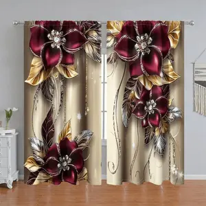 2Pcs Luxury Floral Printed Curtain Panel, Burgundy Gold Flowers, Glitter Diamond Effect, Pole Pocket Style, Semi Sunshade, for Home Living Room Bedroom Balcony Kitchen Study, Window Accessory, Anti Privacy, Window Drapes.