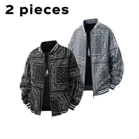 TJL Menswear Unisex 2-Piece Longsleeve Hong Kong-Style Loose Pull-On Baseball Jacket Set, 100% Polyester Coats, All Over Print Trendy Look Easy to Style Mensfashion Outerwear for Daily Wear, Spring & Autumn