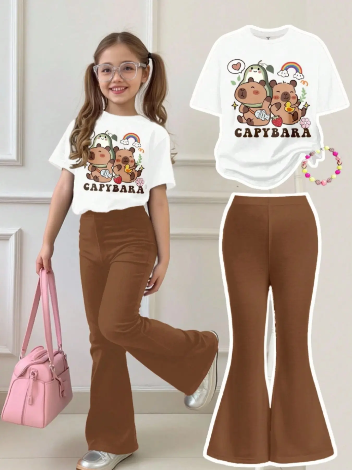2 Piece Set for Teen Girls Casual Loose Capybara Print Short Sleeve T-Shirt and Flared Pants, Summer for All Seasons