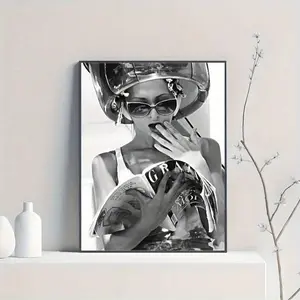 1 black fashionable female art wooden frame painting, money on the head canvas painting art printing poster wall painting decoration home gift 2D flat printing painting
