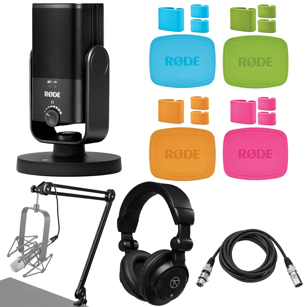 Rode NT-USB Mini Cardioid Electret Condenser Studio USB Microphone, Bundle with Broadcast Arm, TAPH100 Headphones, Colored Caps, 10' XLR Cable