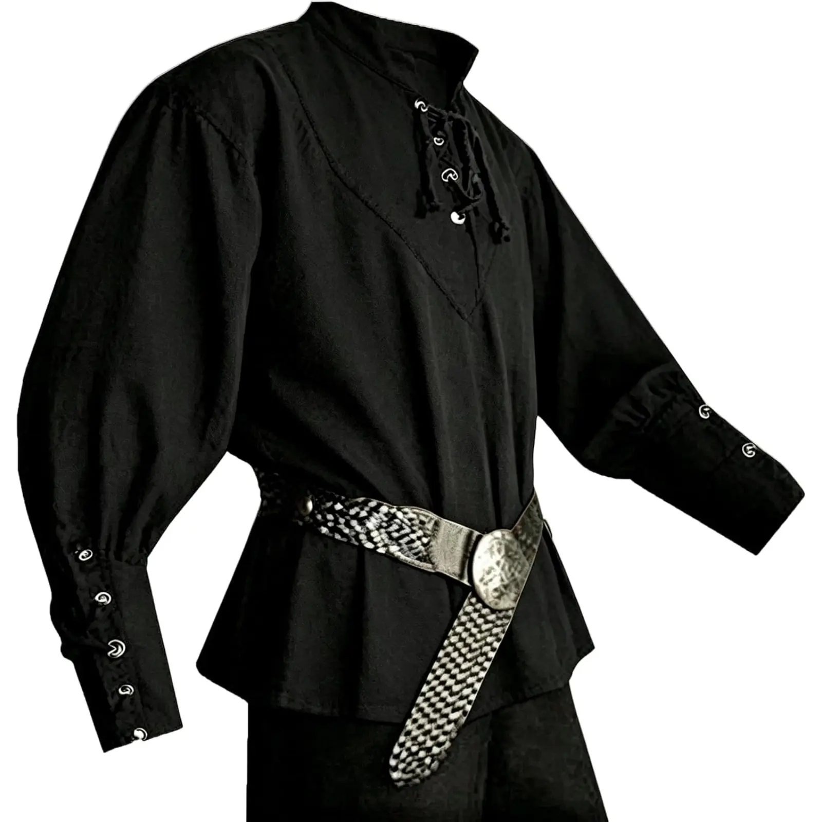 Runcati Men's Medieval Lace-Up Pirate Shirt - Casual Menswear Plain Clothes, Scottish Mercenary Halloween Costume Top with Costume Ideas, Halloween Ideas