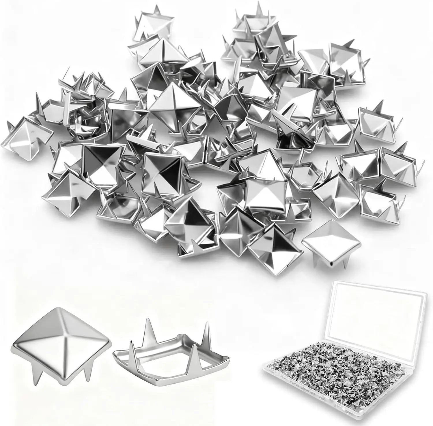 500PCS 10mm 4-Prong Square Spikes, Silver Metal Pyramid Studs for Crafts, Punk Style Rivets for Clothing Decoration, Leather Jacket, Bag, Dog Collar, Durable & Easy to Install