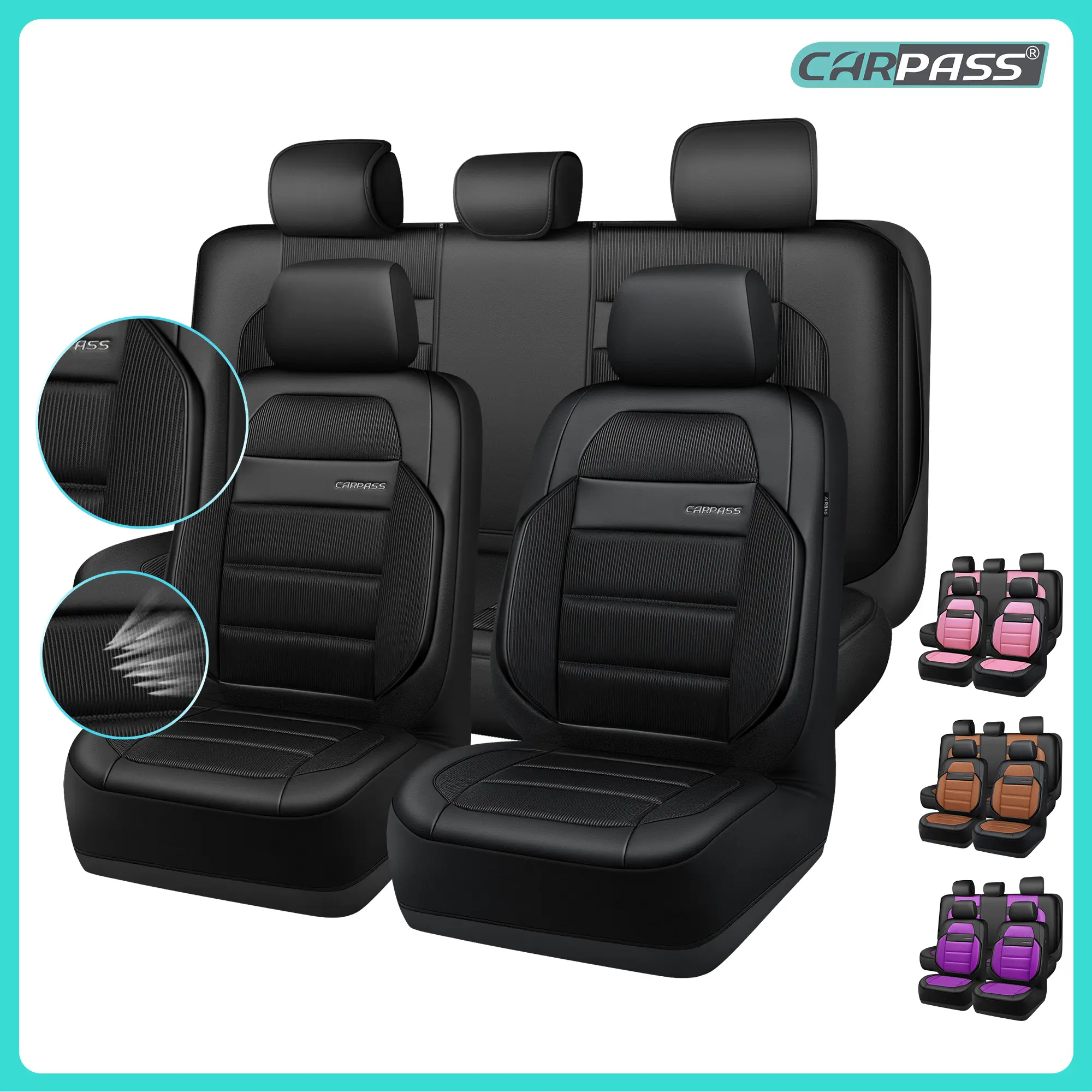 CAR PASS memory foam seat covers, breathable and cool mesh thick car seat covers, leather car seat covers, front seat airbag compatible, universal car comfort, truck, SUV