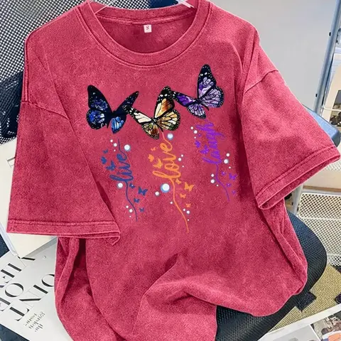 Summer Tops New Vintage Washed Cotton Distressed Short-Sleeve T-Shirt American Style Live Love Laugh Three-Color Butterfly Print Plus Size Women's Top