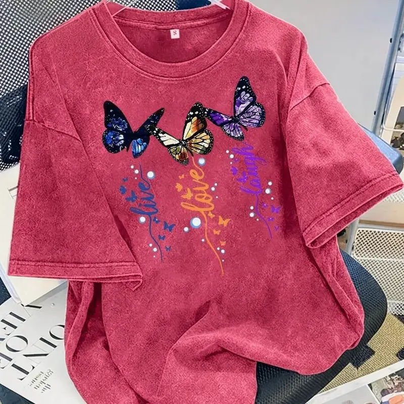 Summer Tops New Vintage Washed Cotton Distressed Short-Sleeve T-Shirt American Style Live Love Laugh Three-Color Butterfly Print Plus Size Women's Top
