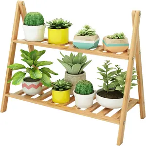 1pc 2Tier Ufine Bamboo Ladder Plant Stand  Foldable Flower Pot Display Shelf Rack for Indoor Outdoor Home Patio Lawn Garden Balcony Outdoor Planters Organizer Planter Holder