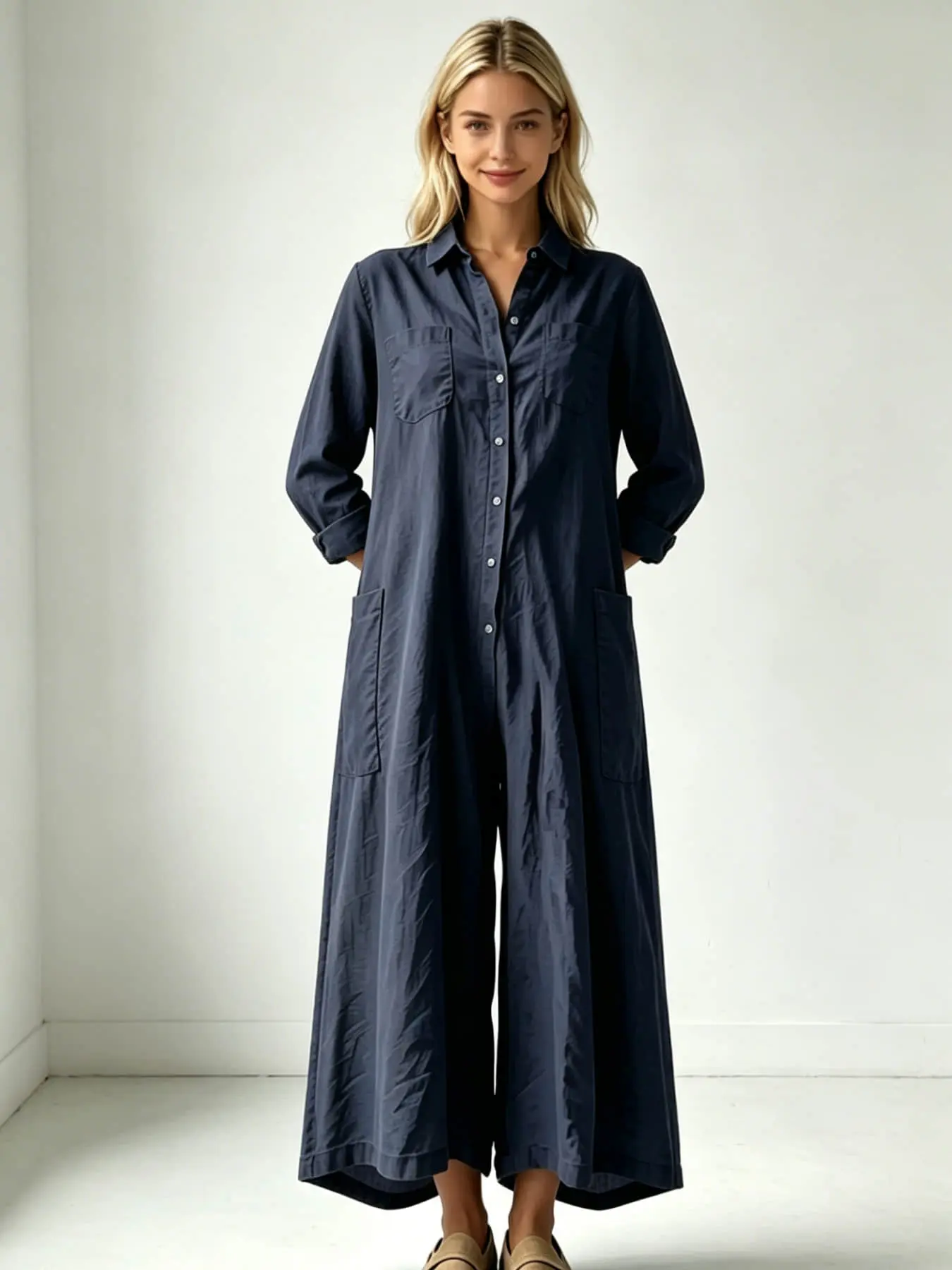 Women's Fashion Lazy Style Casual Loose Fit Slimming Wide-Leg Long Sleeve Bodysuit with Flap Lapel and Single Row Buttons, Suitable for All Seasons, Ideal for Short Trips, Cafe Visits, Library, and Comfortable Home Wear