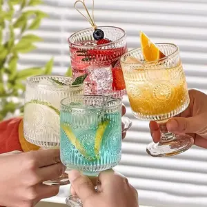 4-Pack Vintage Stem Glasses, 8oz Wine Glasses, Embossed Floral Glassware Set, Clear Drinking Glasses, Drinking Stem Glasses, Bar Iced Tea Glasses, Suitable for Iced Tea, Wine, Beer, Juice, Cocktails, Whiskey