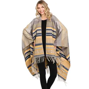 Aztec Stripe Pattern Fringe Ruana Shawl Scarf