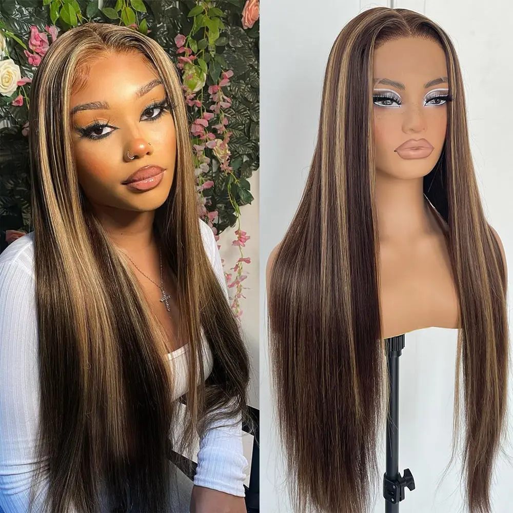 13x4 Brown Highlight Lace Front Wig, 24 Inch Straight Glueless Synthetic Fiber Wig with Natural Pre-Plucked Hairline, Realistic Scalp Appearance, and Breathable Cap Construction for Effortless Daily Wear, Versatile Styling, and Secure All-Day Comfort