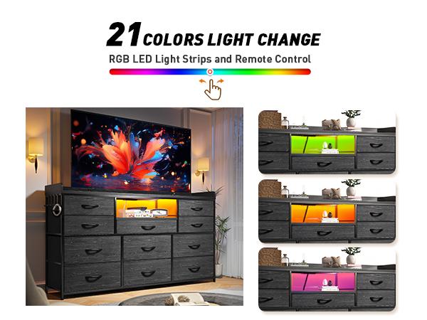 【Holiday Haul】Raybee 11 Drawer Smart LED Dresser, with Charging Station, Power Outlets, LED Lights & Shelves, Modern Storage Cabinet for Bedroom/Hallway, TV Stand for 32-55 inch TVs, Easy 10-min Assembly, Includes 4 Hooks