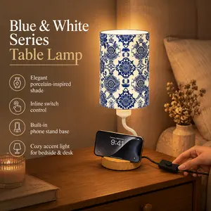 White Porcelain Table Lamp - 3-Color Dimmable Bedside Lamp with Phone Holder, Flexible Gooseneck, Solid Wood Base, Eco PLA Shade, Inline Switch, US Plug for Dorms, Home Decor, Gifts